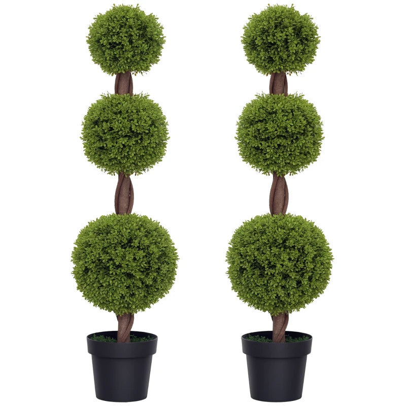 Set of 2 Artificial Ball Boxwood Topiary Trees, Fake Plants in Pots for Indoor Outdoor Decor, Green