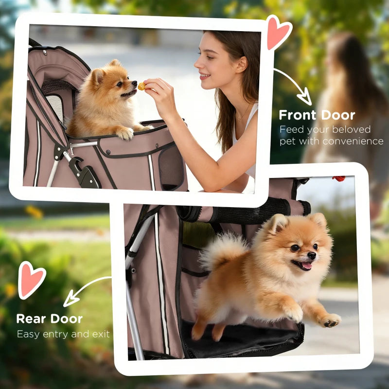 Pet Stroller for Dogs & Cats, Foldable Dog Stroller with Wheels, Reflective Strips, Brake, Pad and Basket, Coffee