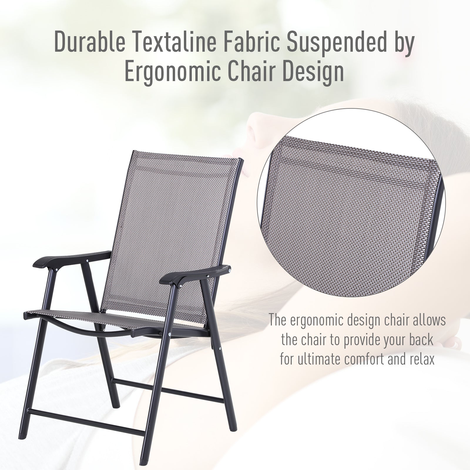 Outsunny Garden Chairs Set of 2 Foldable Steel Outdoor Patio Park Seating Furniture Grey Comfort Durable 