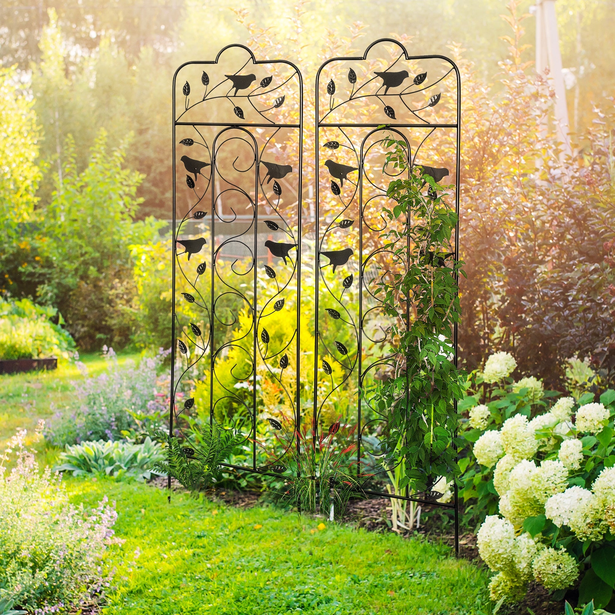 Outsunny 2 Pack Garden Trellis for Climbing Plants, Outdoor Metal Grid Panels with Birds and Leaves, for Roses, Vine Flower, 59" Tall 