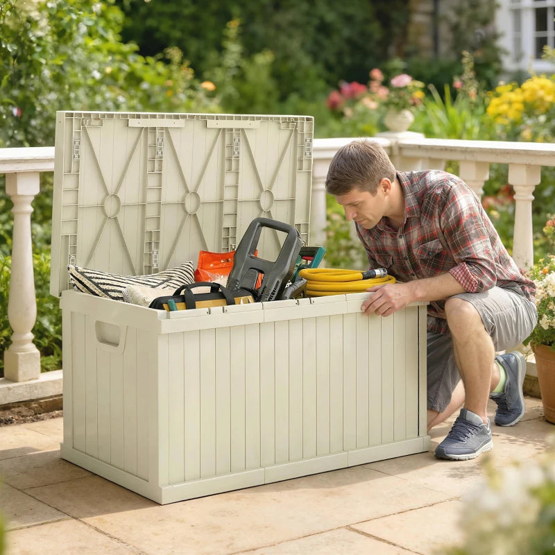 70 Gallon Deck Box, Resin Outdoor Storage Box with Handles, Waterproof Storage Container for Garden Tools, Sand