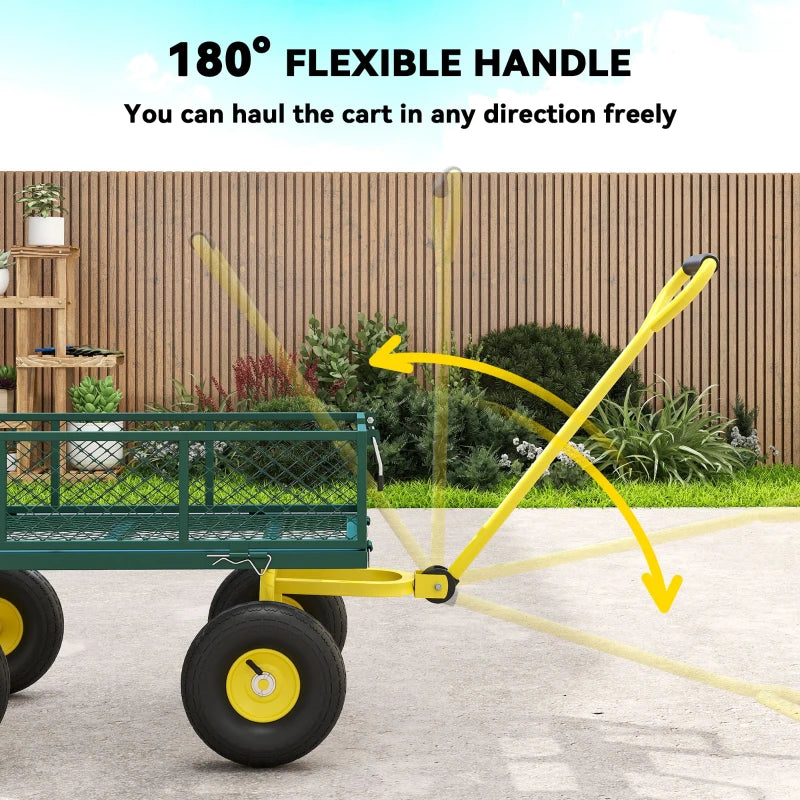 Garden Cart, Utility Wagon Cart with Removable Sides, Convert into Flatbed, 10" Wheels, 180° Rotating Handle, Green