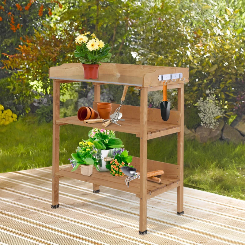 Outdoor Garden Wooden Potting Bench Work Station Table Tool Storage Shelf w/ Hooks, Natural