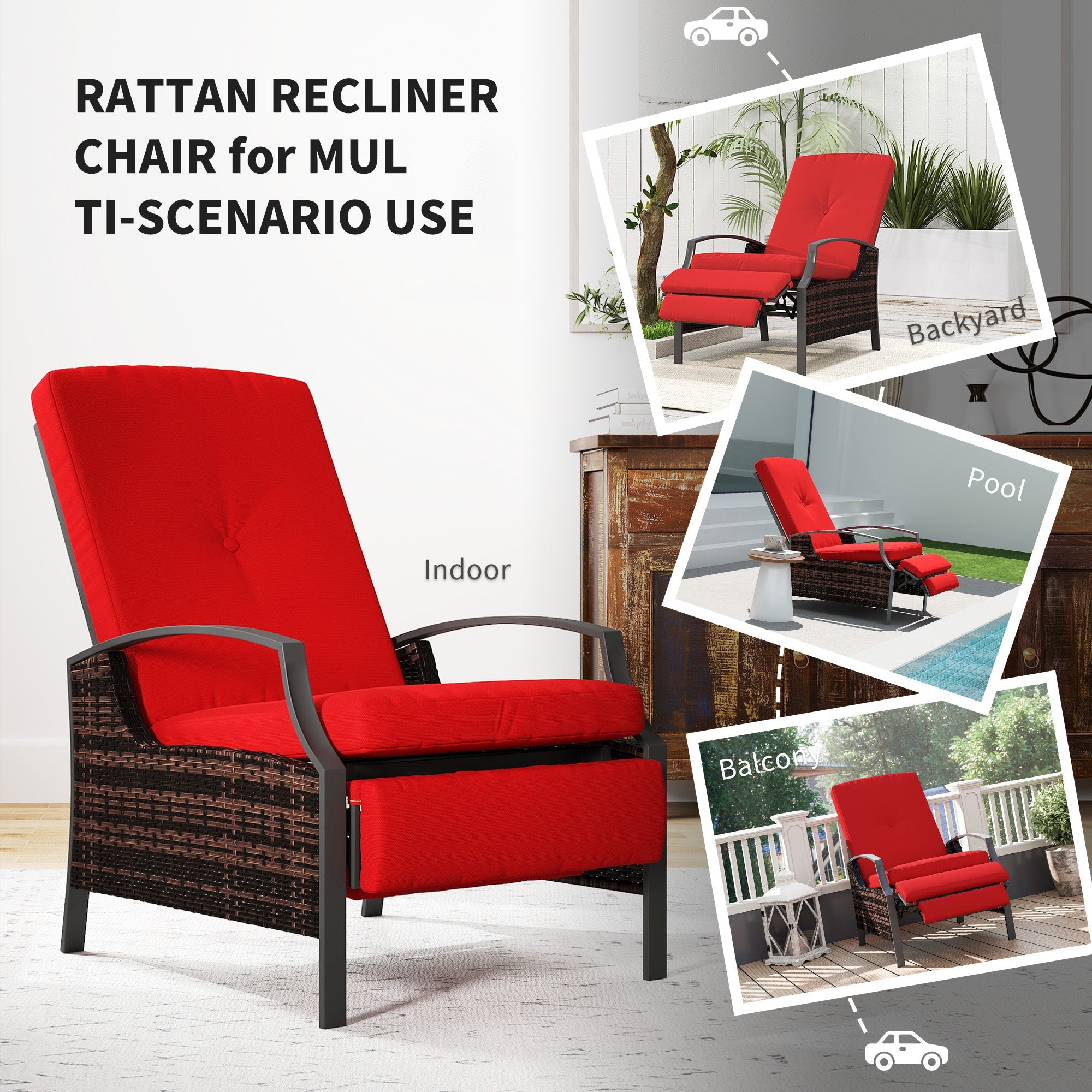 Outsunny Outdoor Rattan Recliner Chair, Wicker Reclining Chair with Adjustable Back Retractable Footrest Cushion Wine Red 