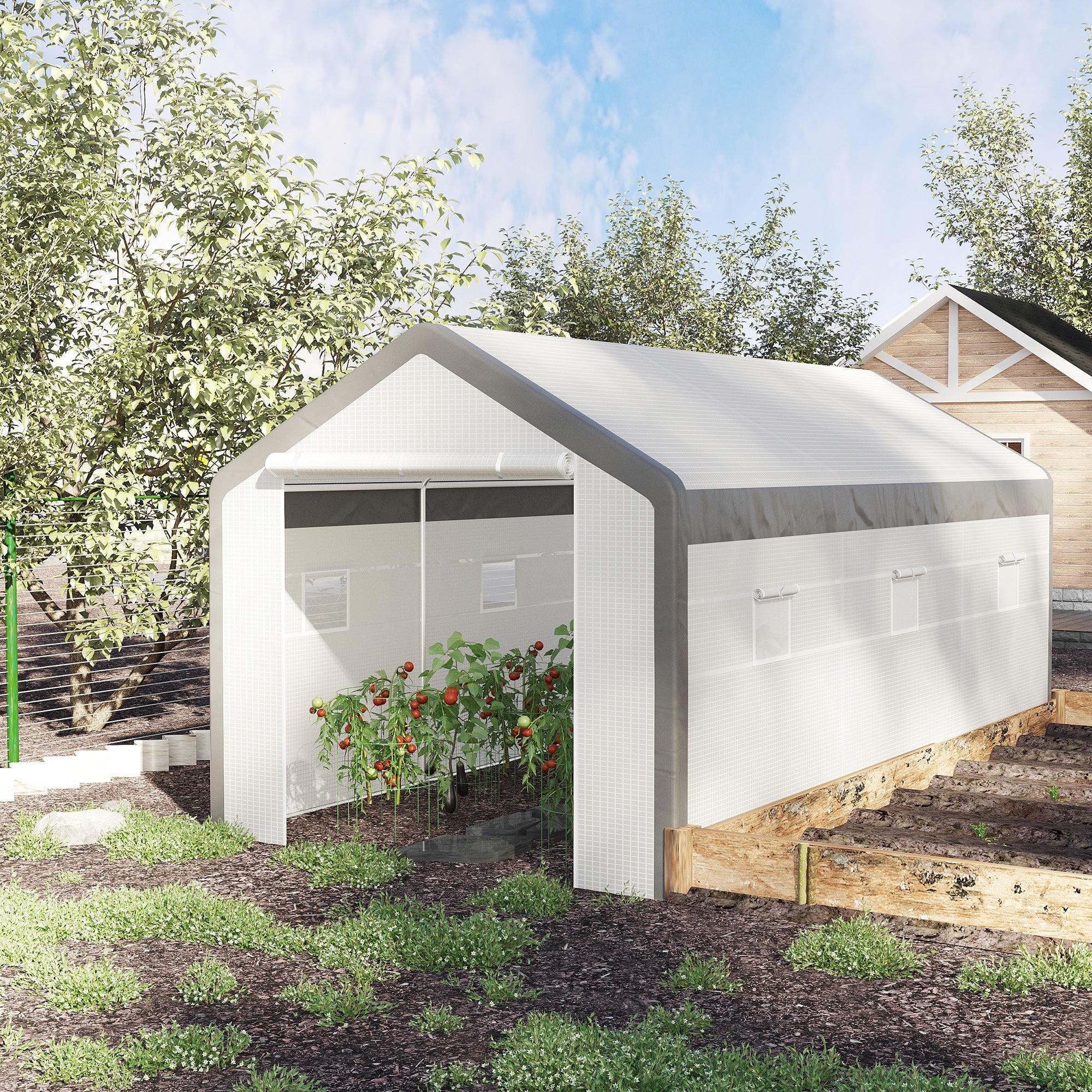 Outsunny Walk-in Greenhouse 20' x 10' x 9' with Roll Up Doors 6 Windows for Plant Protection Outdoor PE Cover White 