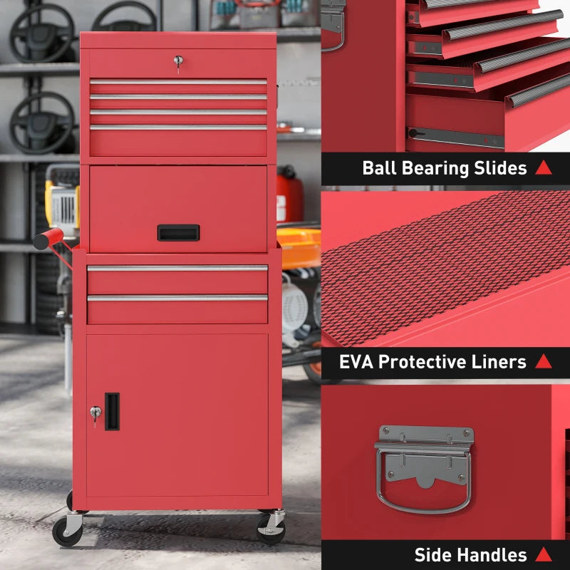 Large Tool Cabinet, 3-in-1 Rolling Tool Chest, Detachable Tool Storage Organizer with 6 Drawers and Pegboard, Red