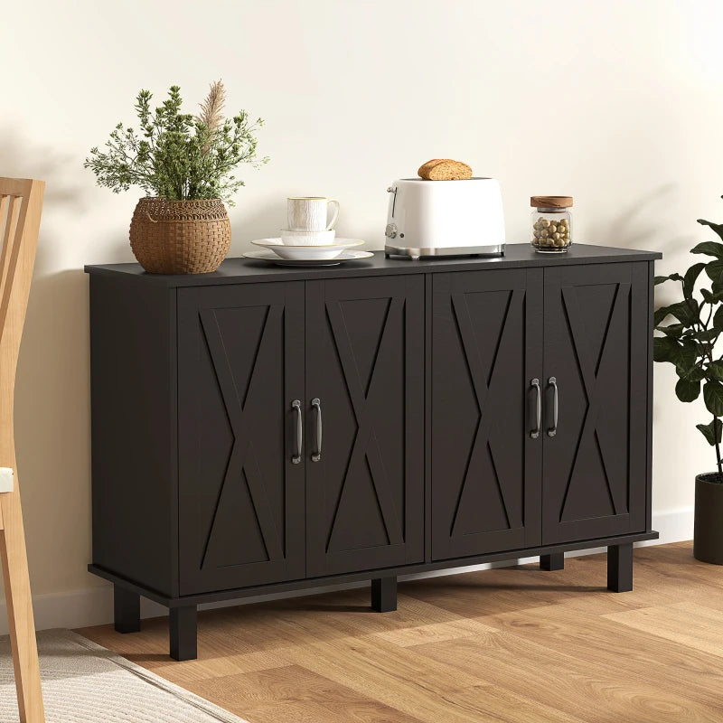 Kitchen Sideboard Cabinet with 4 Barn Doors and 2 Adjustable Shelves, Buffet Table for Living Room, Hallway, Black