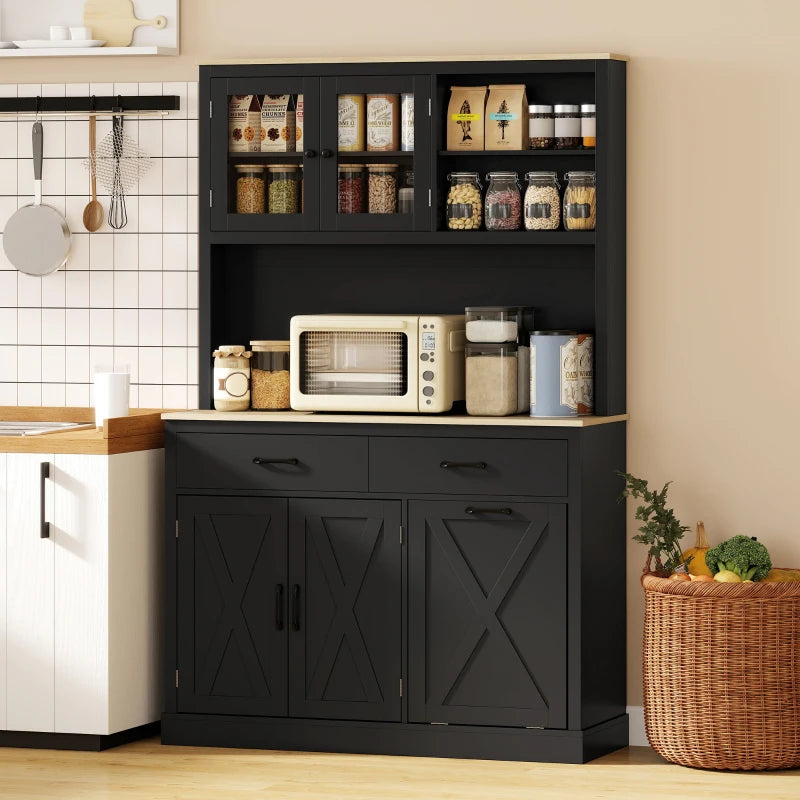 69" Kitchen Pantry Cabinet with Charging Station Kitchen Cabinet with Microwave Stand 7 Gallon Trash Can Cabinet Black