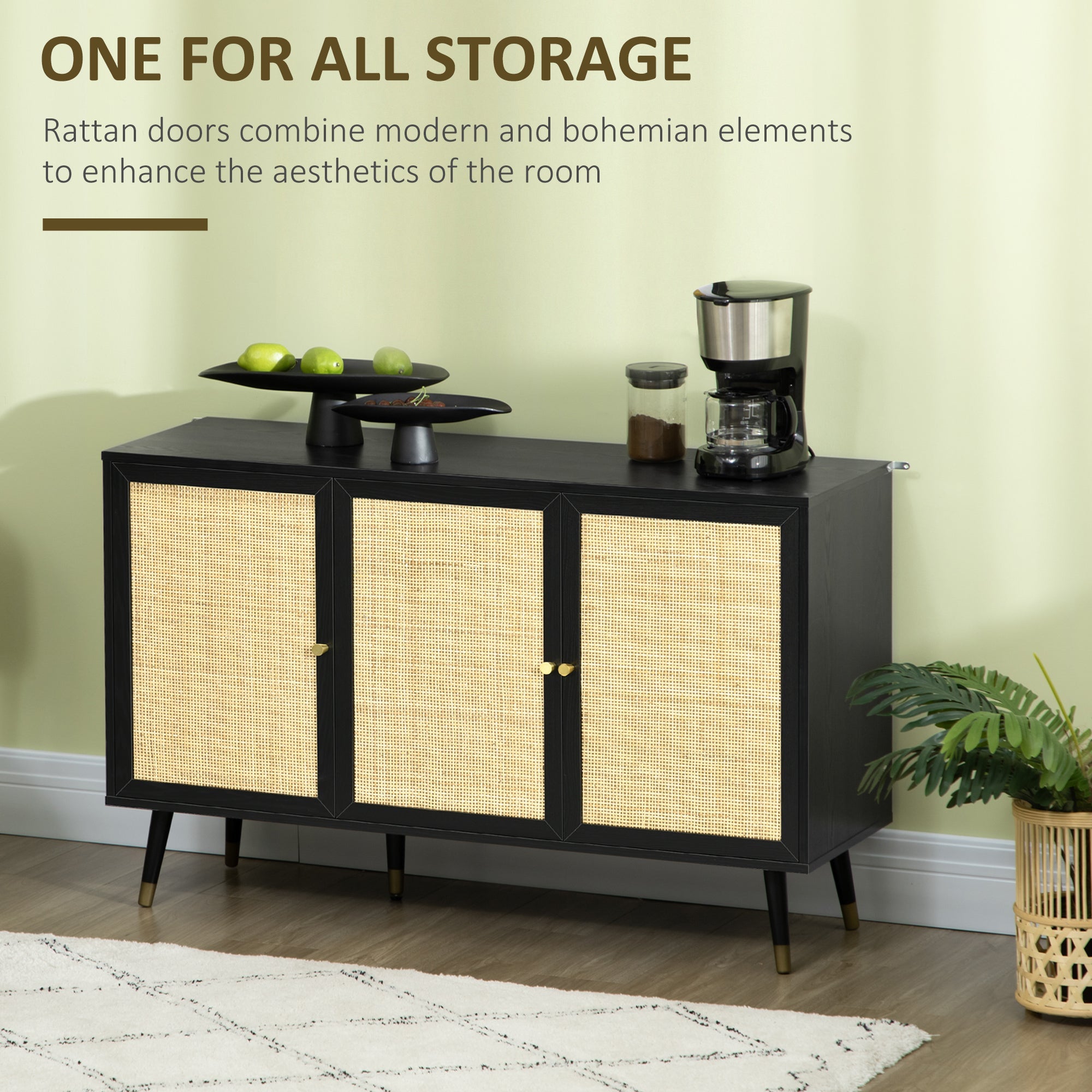 HOMCOM Black & Natural Rattan Sideboard: Kitchen Buffet Cabinet with Storage Shelves & Wood Legs for Living Areas 