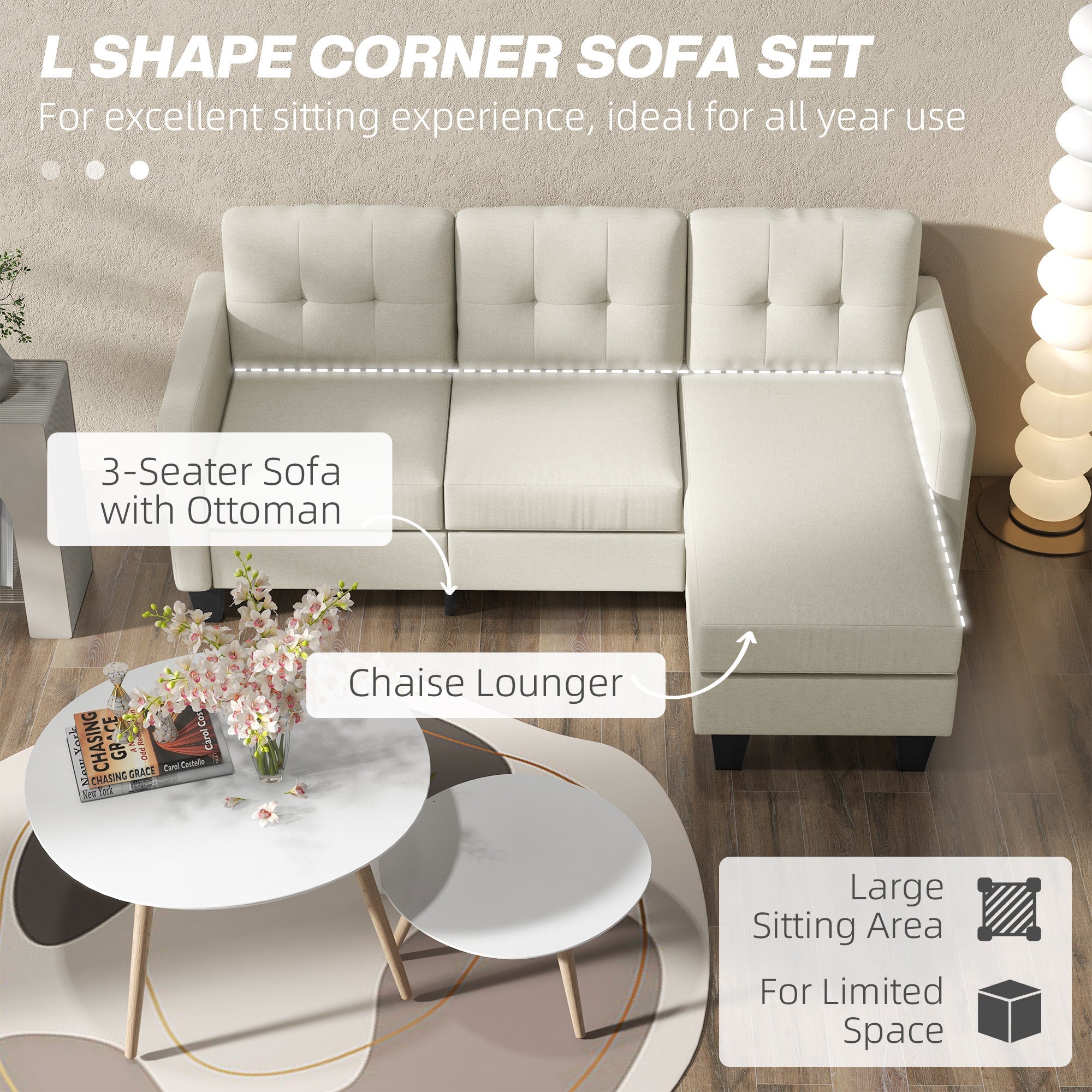 HOMCOM L-shaped Sofa, 3 Seater Sectional Couch with Ottoman, Corner Sofa with Thick Padded Cushion and Wood Legs, Beige 