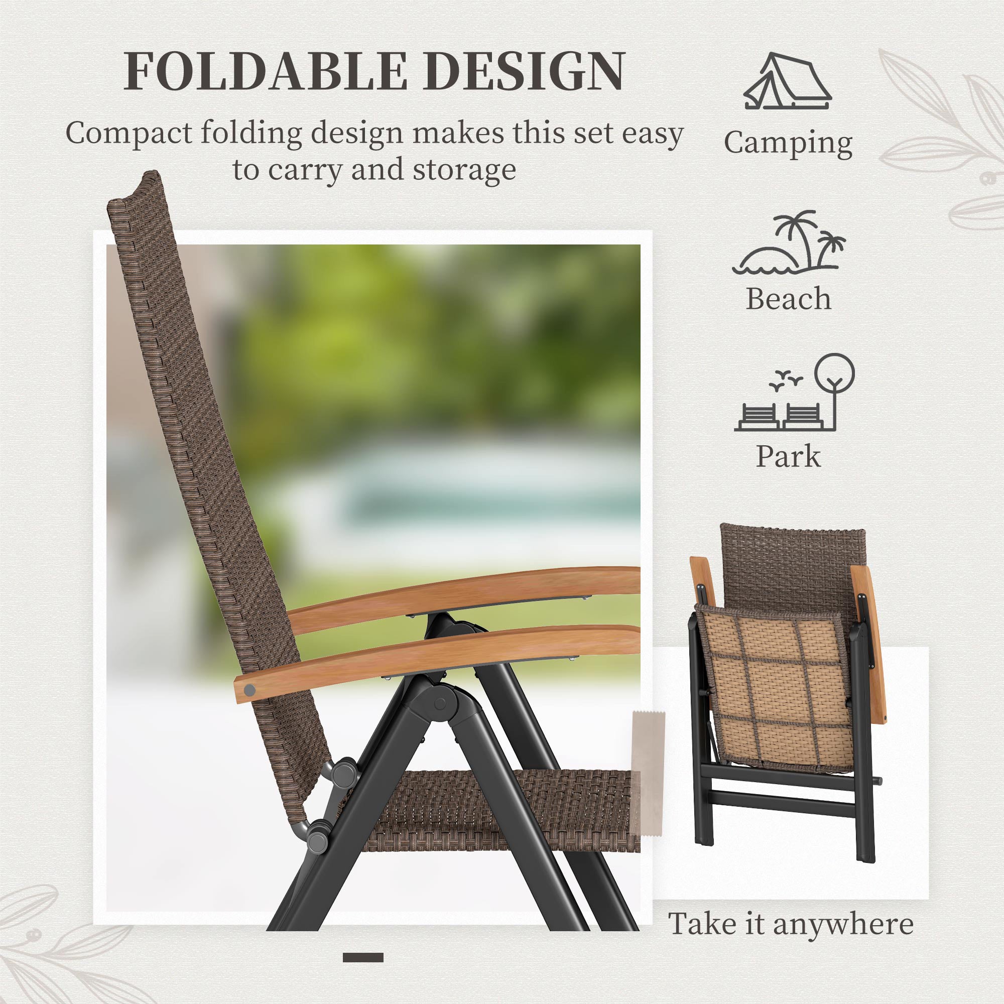 Outsunny Folding Patio Wicker Dining Chair with Steel Frame, Armrest, Backrest for Outdoor, Garden, Backyard, Brown 