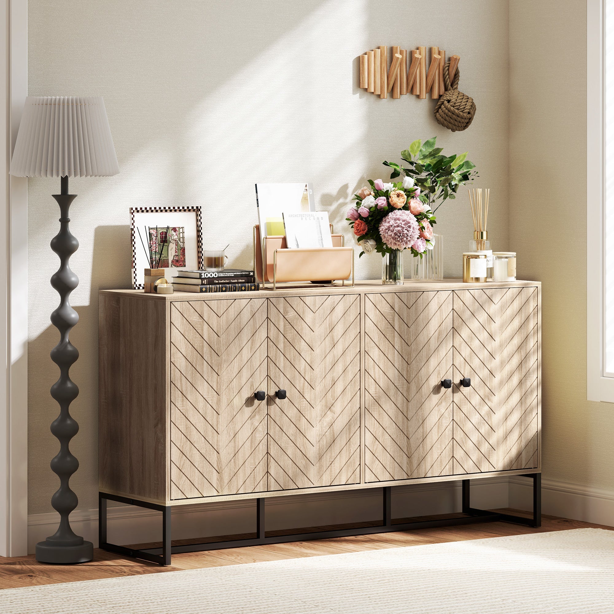 HOMCOM Sideboard Buffet Cabinet with 2 Adjustable Shelves and Steel Base, TV Stand, Coffee Bar Cabinet for Living Room, Oak 