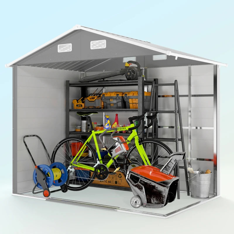7.7' x 6.5' Outdoor Metal Garden Shed House Hut Gardening Tool Storage with Ventilation, Light Grey
