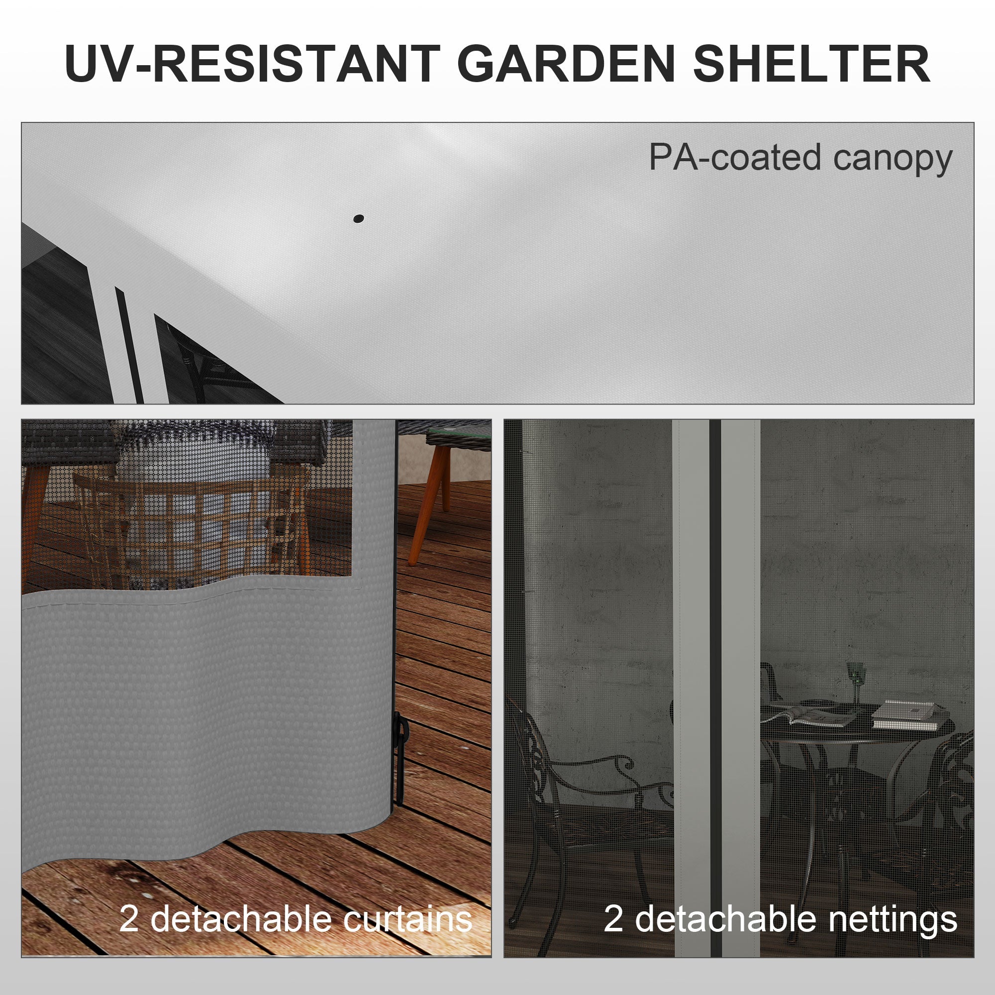 Outsunny 10' x 13' Wall Pergola, Outdoor Gazebo with 2 Curtains and 2 Nettings, UV Resistant, for Patio, Deck, Light Grey 