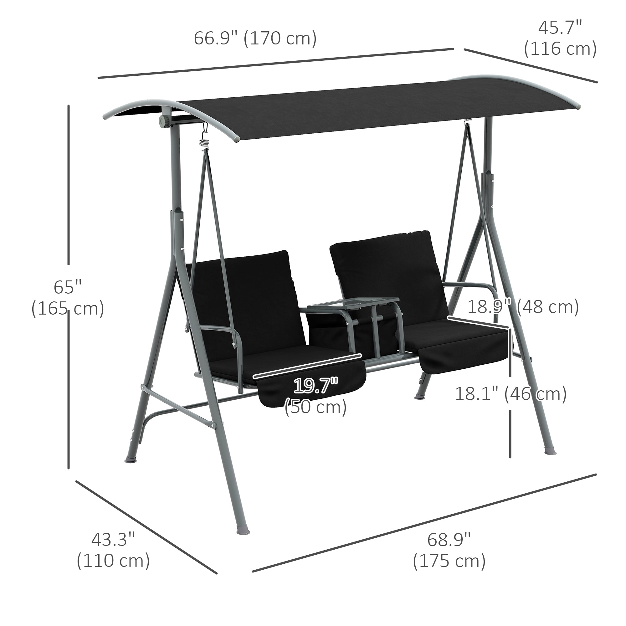 Outsunny 2-Seater Outdoor Porch Swing with Adjustable Canopy and Table, Patio Swing Chair for Garden, Poolside, Backyard, Black 