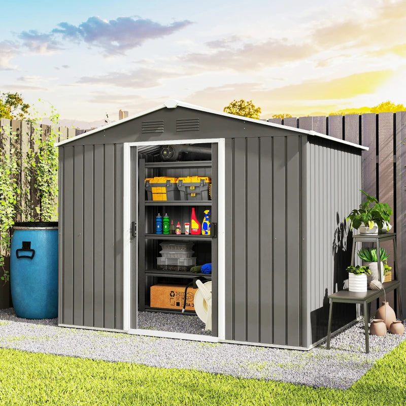 8' x 6' Outdoor Storage Shed, Metal Garden Tool Storage House with Lockable Sliding Doors and Vents for Backyard Patio Lawn, Light Grey