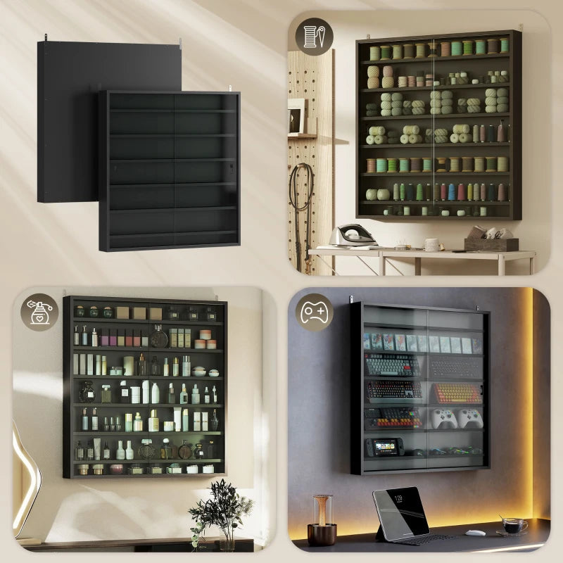 7-Tier Display Cabinet, Shot Glass Display Case, Glass Curio Cabinet with 2 Glass Doors and 6 Adjustable Shelves, Black