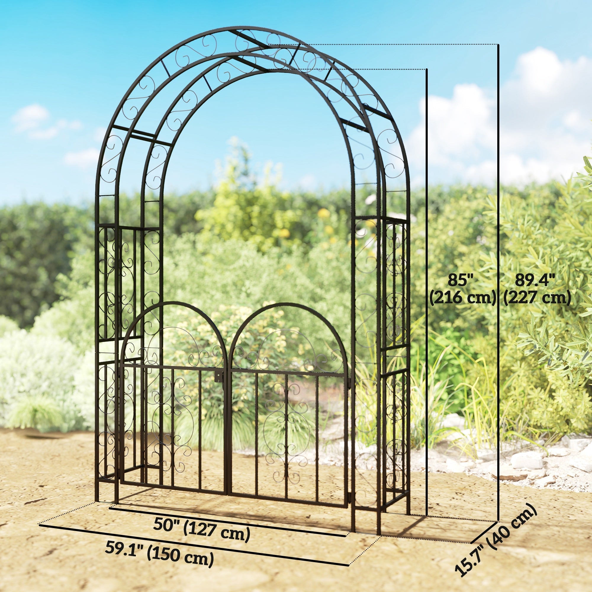 Outsunny 7.4ft Steel Garden Arch with Gate, Garden Arbor Trellis for Climbing Plants, Roses, Vines, Wedding Arch for Outdoor, Garden, Lawn, Backyard, Black 