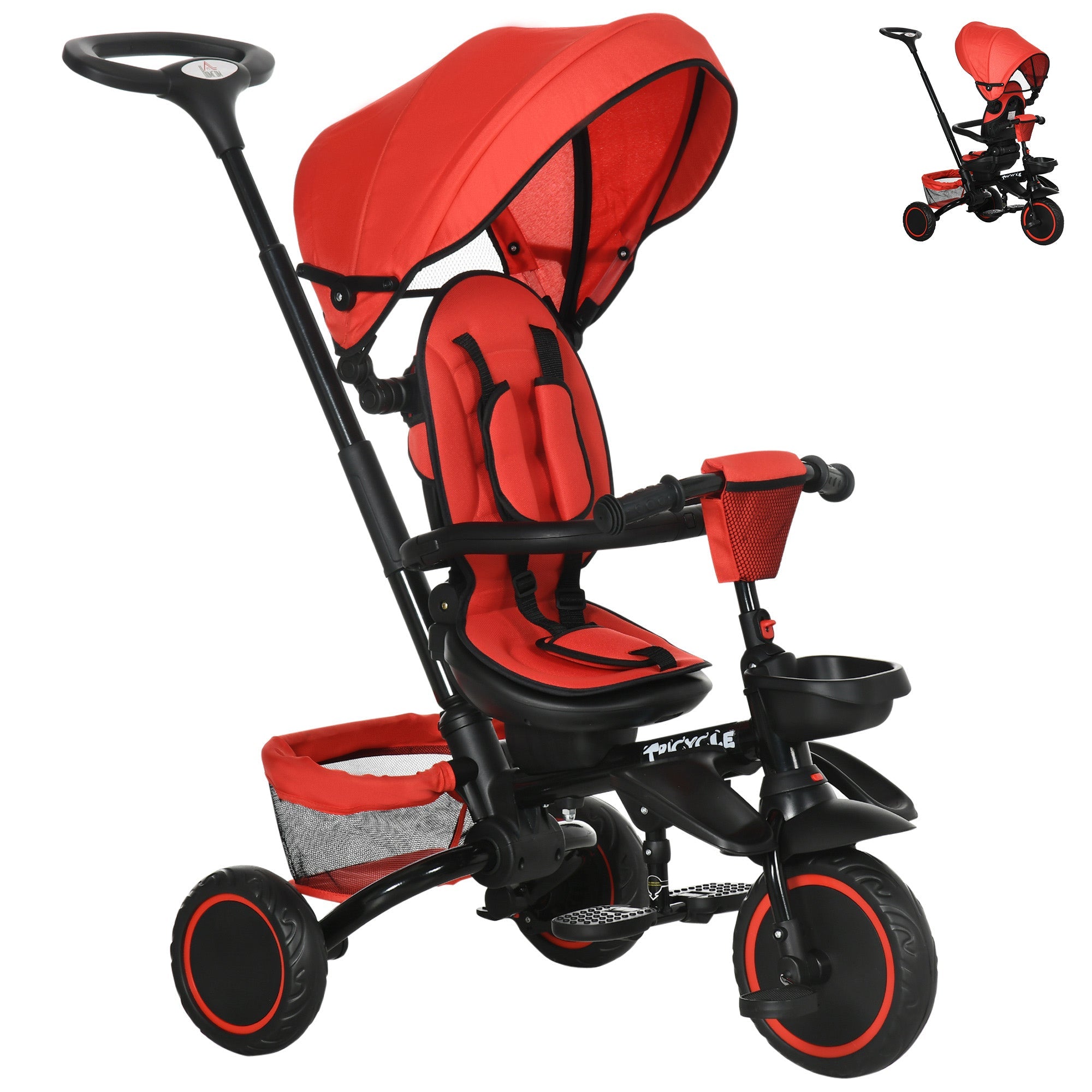 Aosom 6-in-1 Toddler Tricycle, Kids Trike with Rotatable Seat, Adjustable Push Handle, Safety Harness, Detachable Canopy, Red 