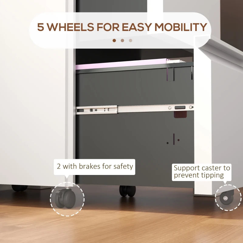 Mobile Vertical Filing Cabinet with Lock, 2-Drawer Steel File Cabinet with Adjustable Hanging Bar for Letter, A4 and Legal Size, White