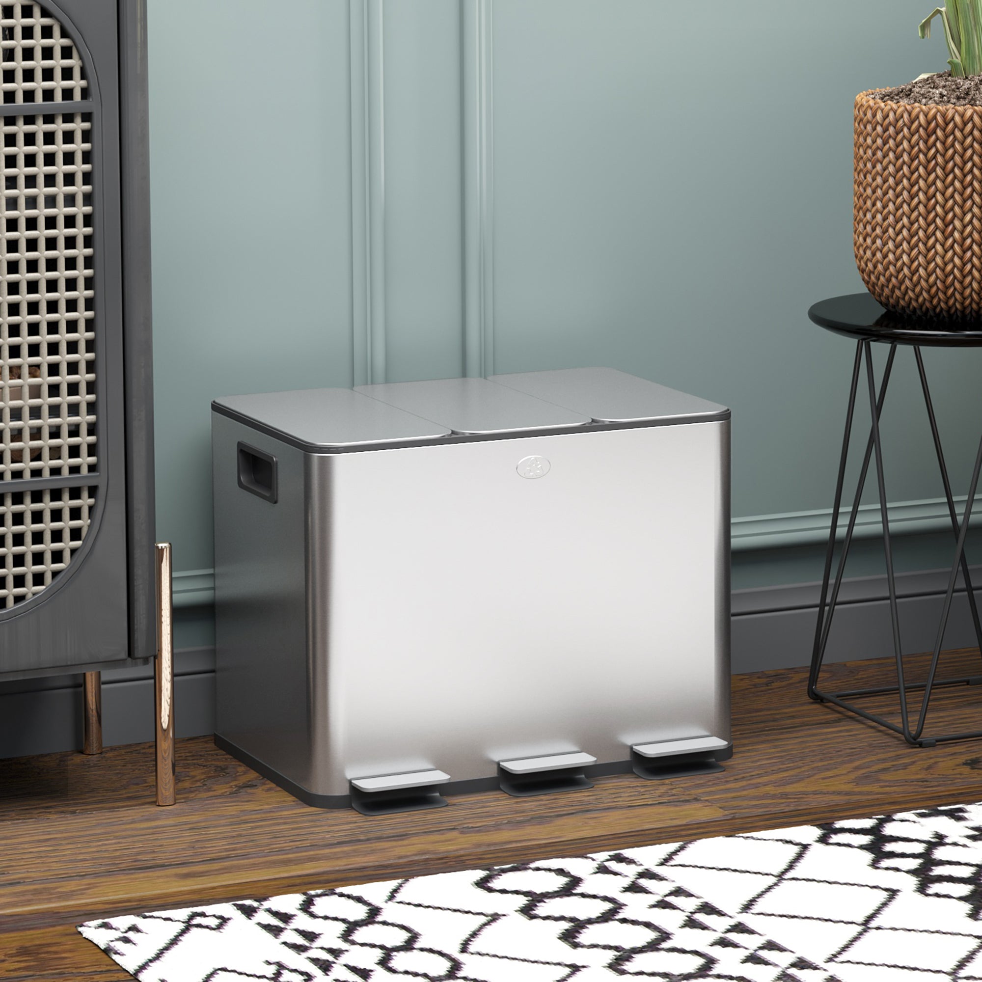 HOMCOM Triple Garbage Bin, Soft-Close Trash Can with Foot Pedal, 3 x 20 Liter Garbage Can with Removable Inner Buckets, Silver 