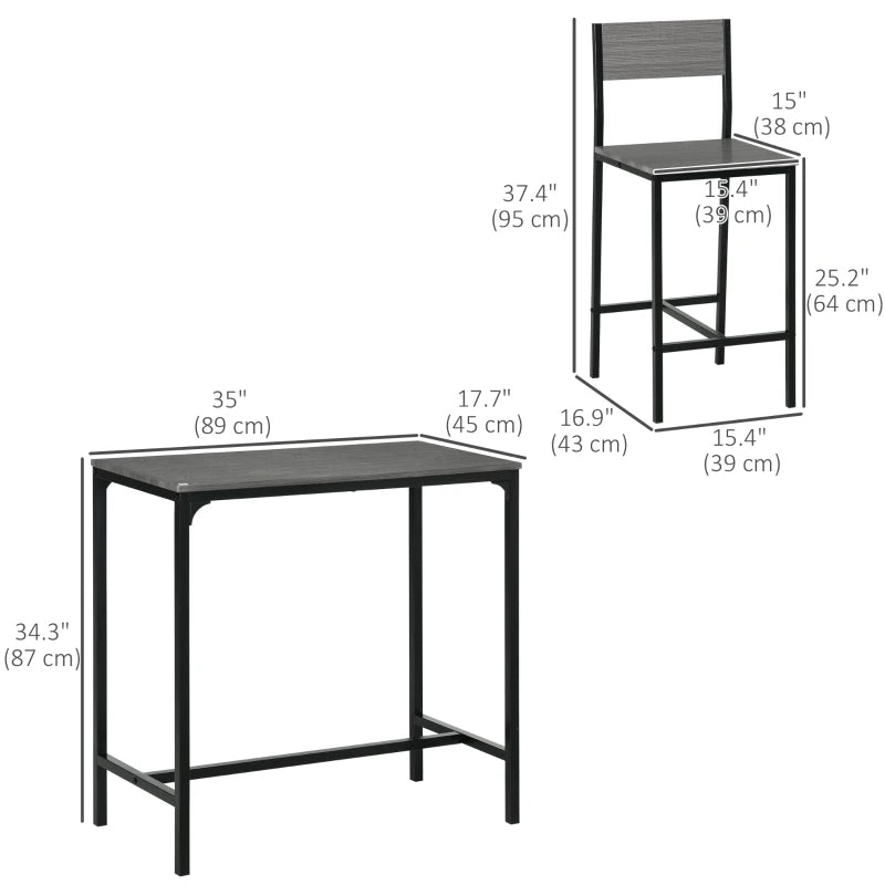 Industrial Bar Table Set Counter Height 3 Piece and 2 High Back Stools Set Dining Table Set Grey