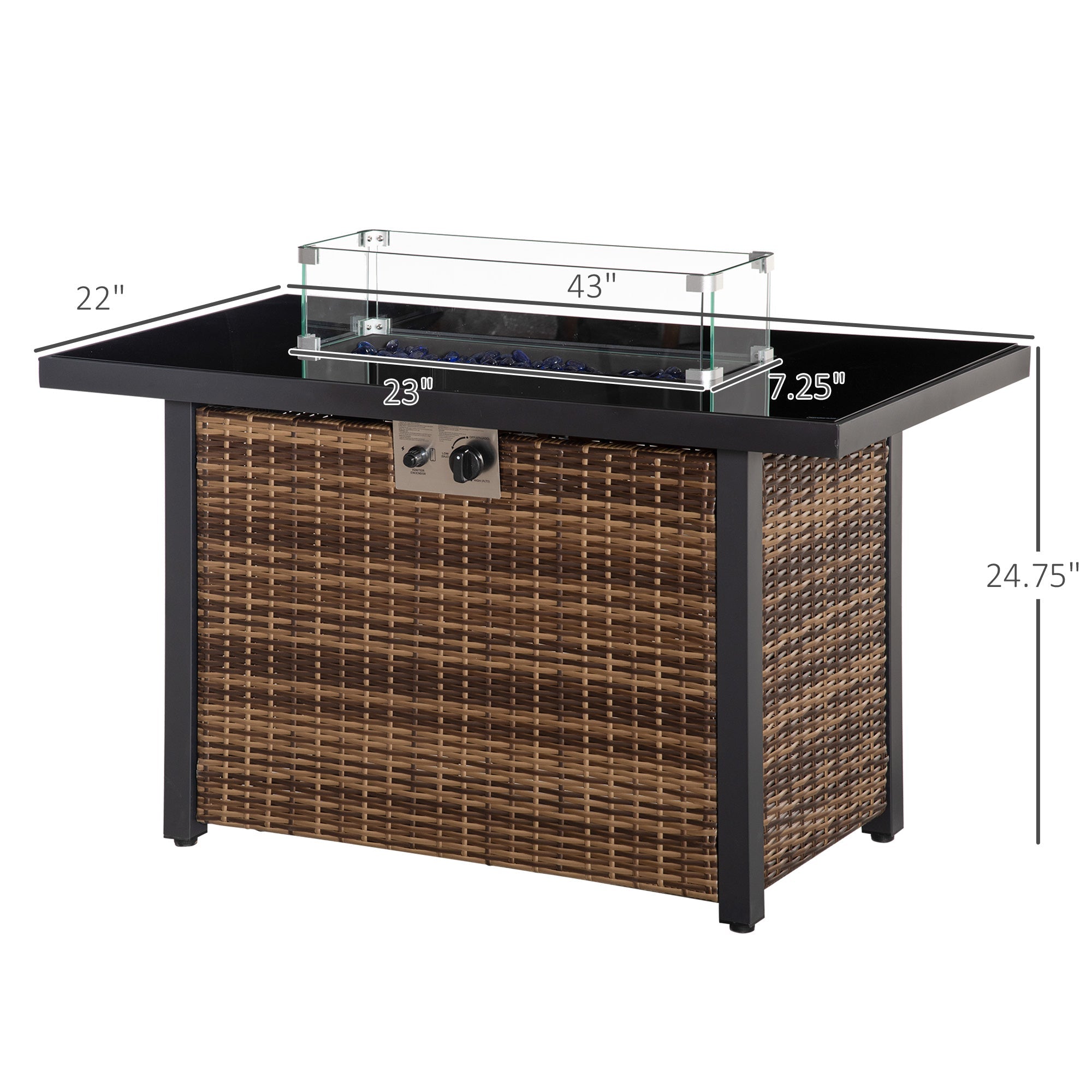 Outsunny Propane Fire Pit Table 43in Outdoor Square Fire Table, 50,000 BTU Pulse-Ignition Wicker Firepit Furniture Wind Guard 