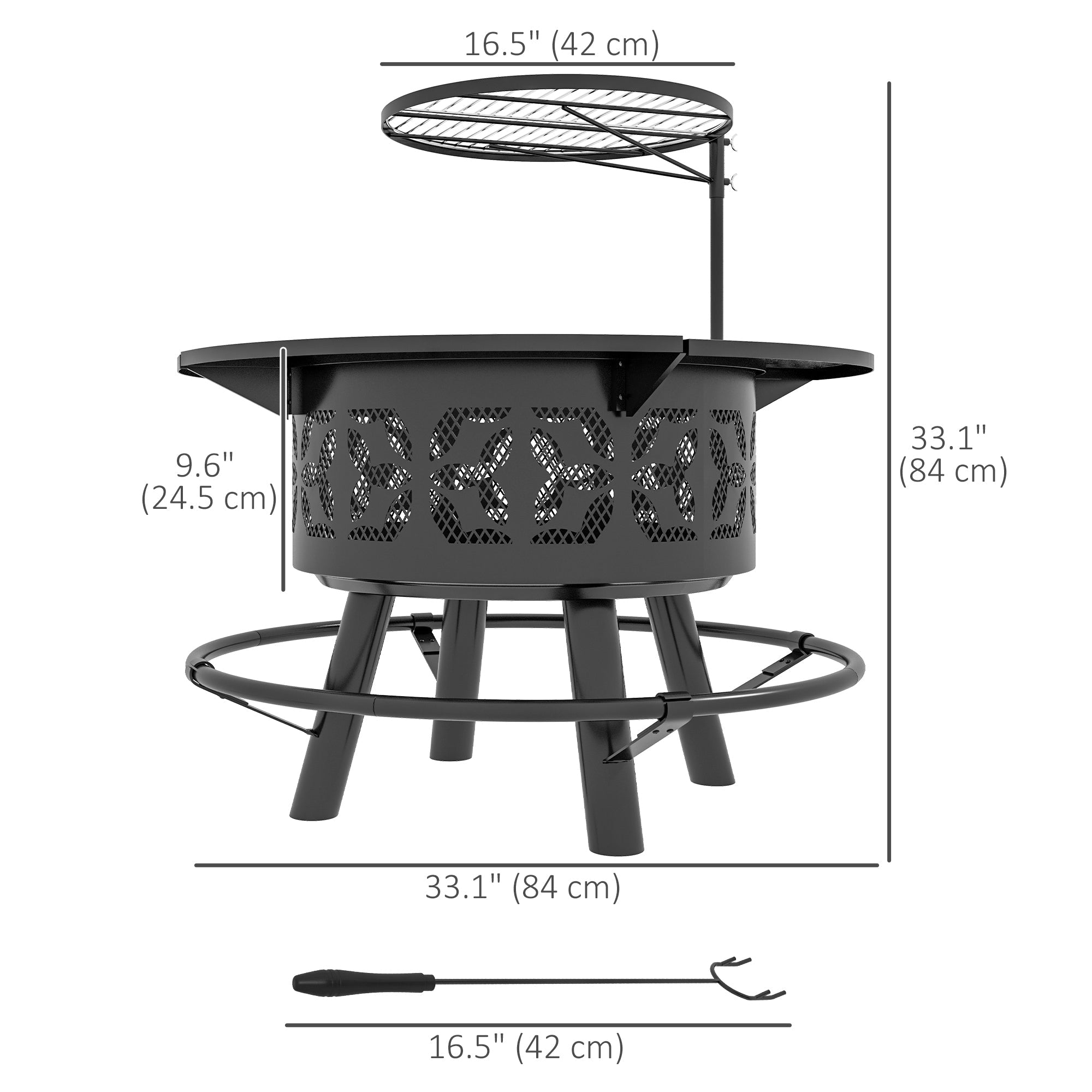 Outsunny Portable Fire Pit BBQ Grill Wood Burning Adjustable Grate Poker 33" Black 