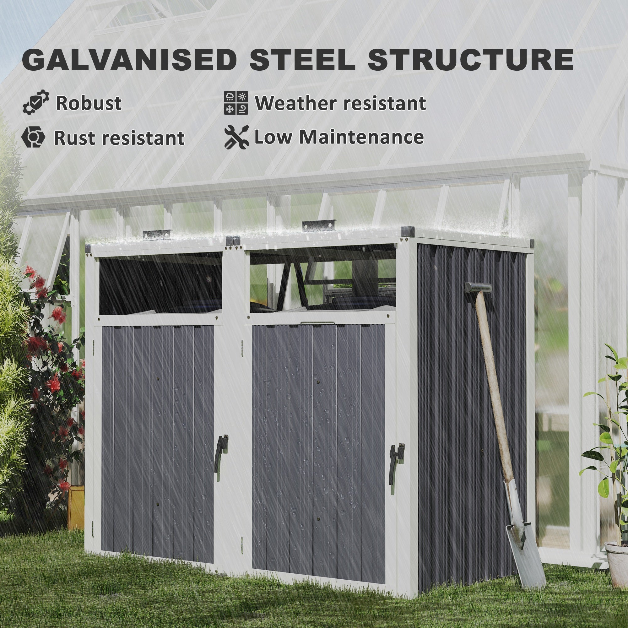 Outsunny Double Garbage Bin Shed, Lockable Outdoor Storage Shed with Openable Lid, Galvanized Frame for Garden Patio, Dark Grey 