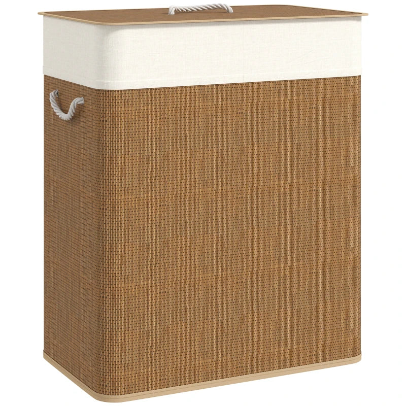 Double Laundry Basket with Lid, 100L Bamboo Laundry Hamper with Rope Handles and Removable Bags, Brown