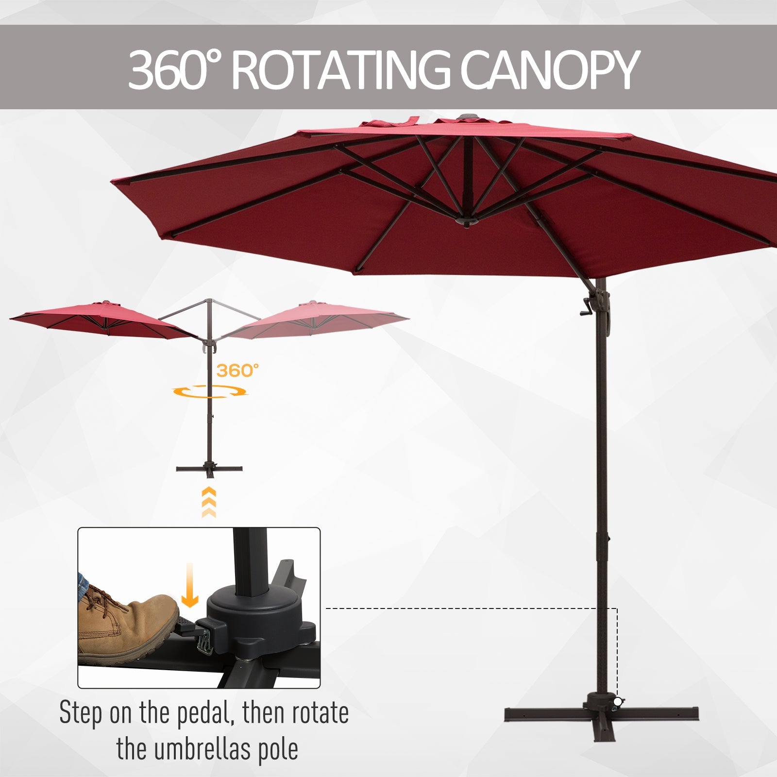 Outsunny 10ft Cantilever Patio Umbrella with 360° Rotation, Crank & Cross Base for Garden Deck Pool Backyard, Wine Red 