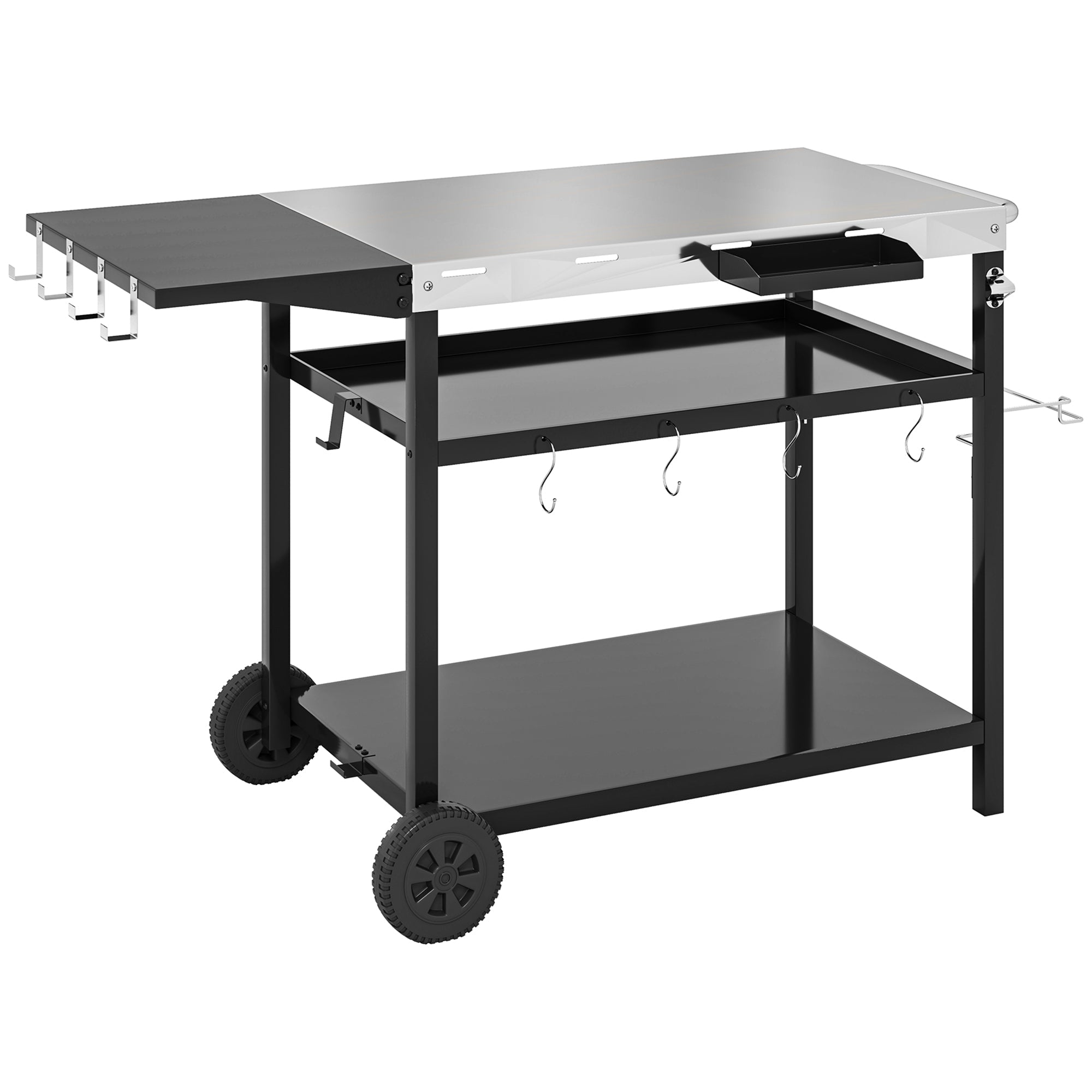 Outsunny Outdoor Bar Cart BBQ Table with Wheels, Stainless Steel Pizza Oven Stand, Outdoor Kitchen Cart with Storage and Hooks 