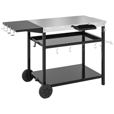 Outsunny Outdoor Bar Cart BBQ Table with Wheels, Stainless Steel Pizza Oven Stand, Outdoor Kitchen Cart with Storage and Hooks 