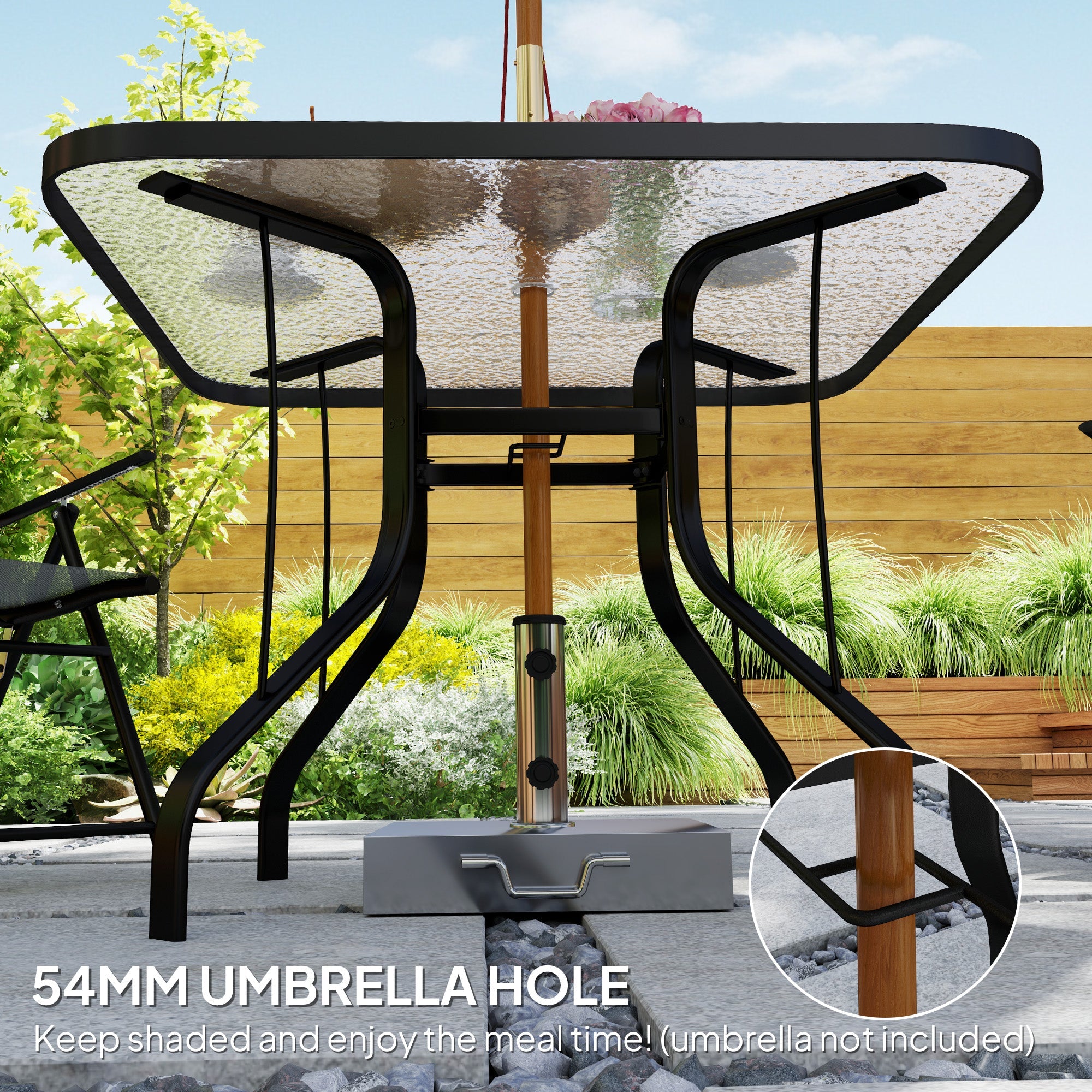 Outsunny Tempered Glass Square Patio Dining Table w/ 2.1" Umbrella Hole for Garden, Balcony, Backyard, 38" x 38" x 28" 