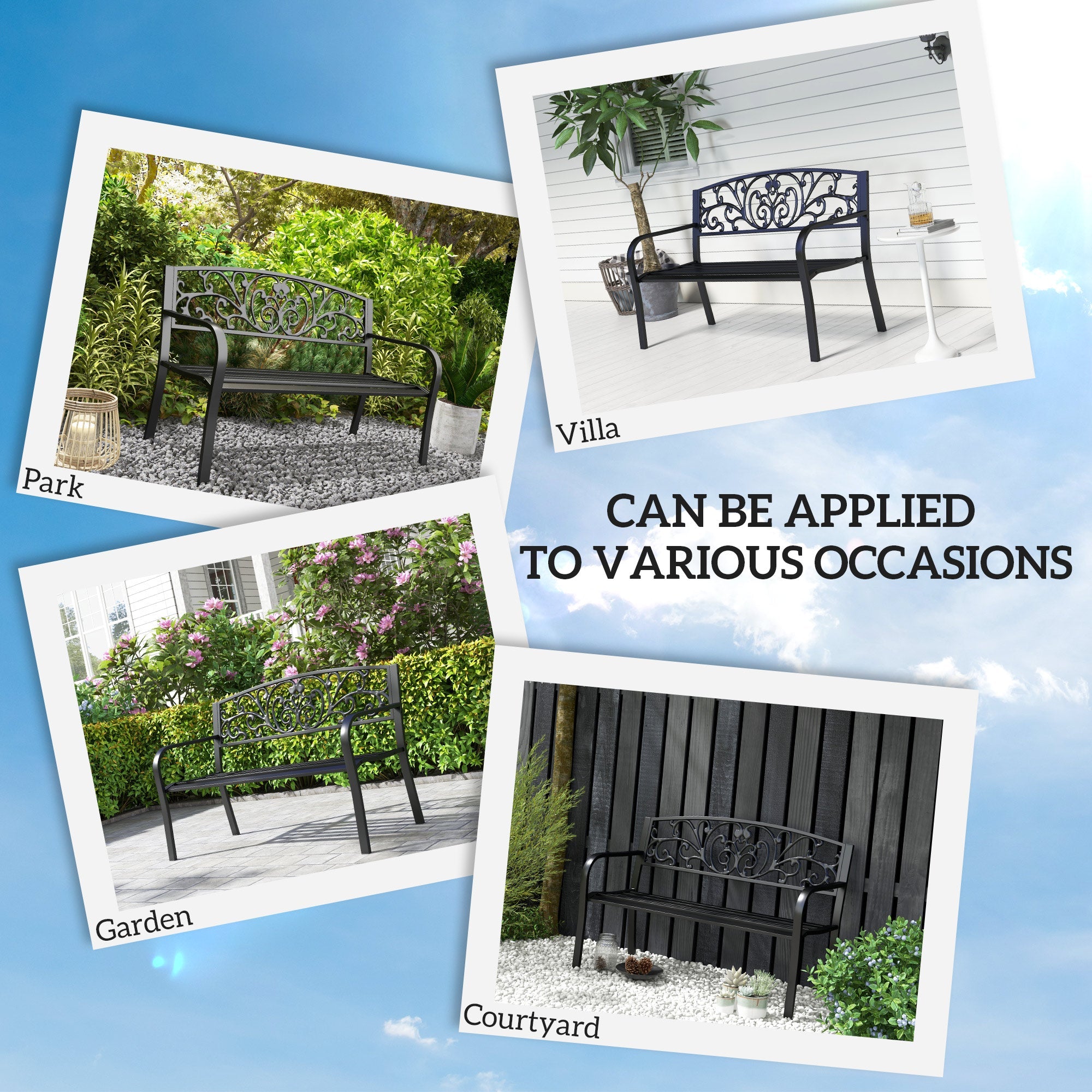 Outsunny Garden Bench 50" 2-Seater Outdoor Blossoming Pattern Loveseat Elegant Black 