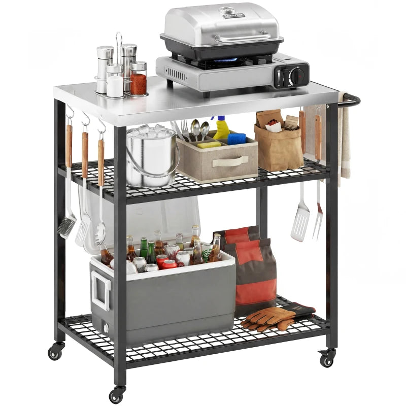 Outdoor Grill Cart with Stainless Steel Top, Two-Shelf Pizza Oven Stand, Food Prep Table on Wheels, Black