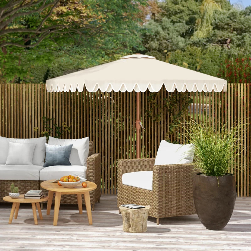 9 ft Patio Umbrella with Push Button Tilt and Crank, Double-ruffled Outdoor Market Table Umbrella Parasoll, Cream White