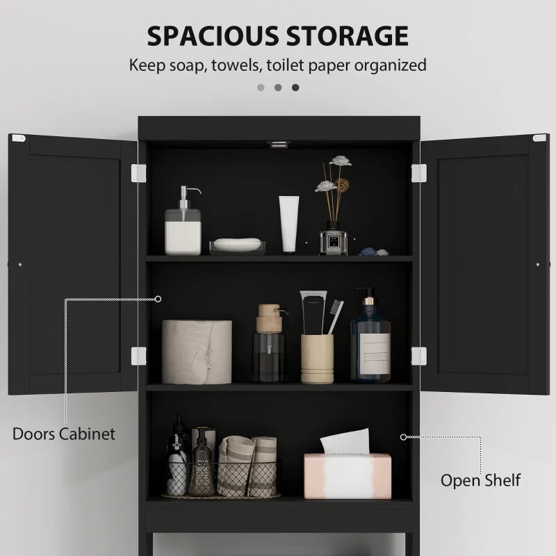 Over The Toilet Cabinet, Modern Bathroom Above Toilet Storage with Barn Doors and Open Shelf, Black