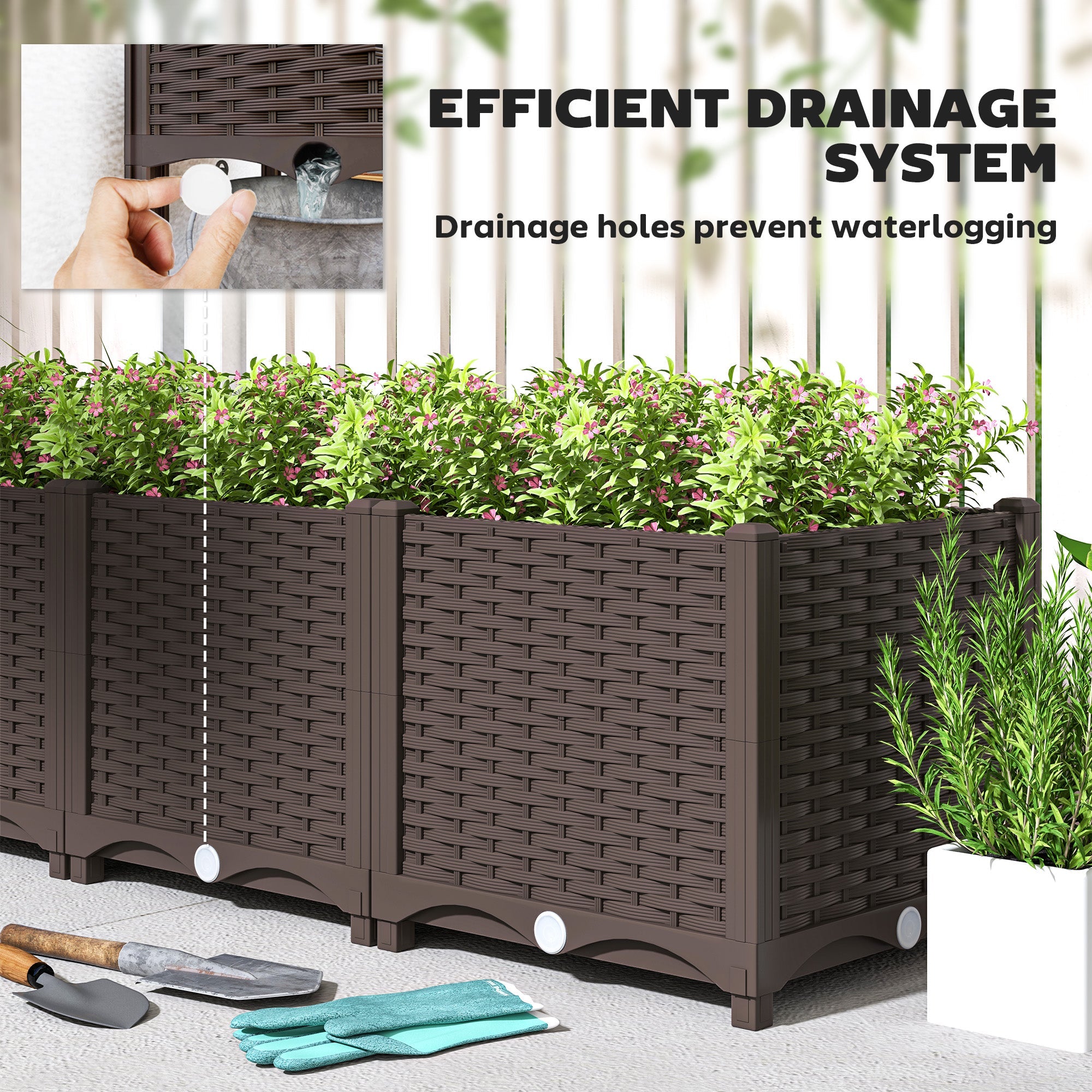 Outsunny Plastic Raised Garden Bed, Outdoor Planter Box with Drainage Holes for Patio, Balcony, 47.2" x 15.7" x 14.6", Brown 