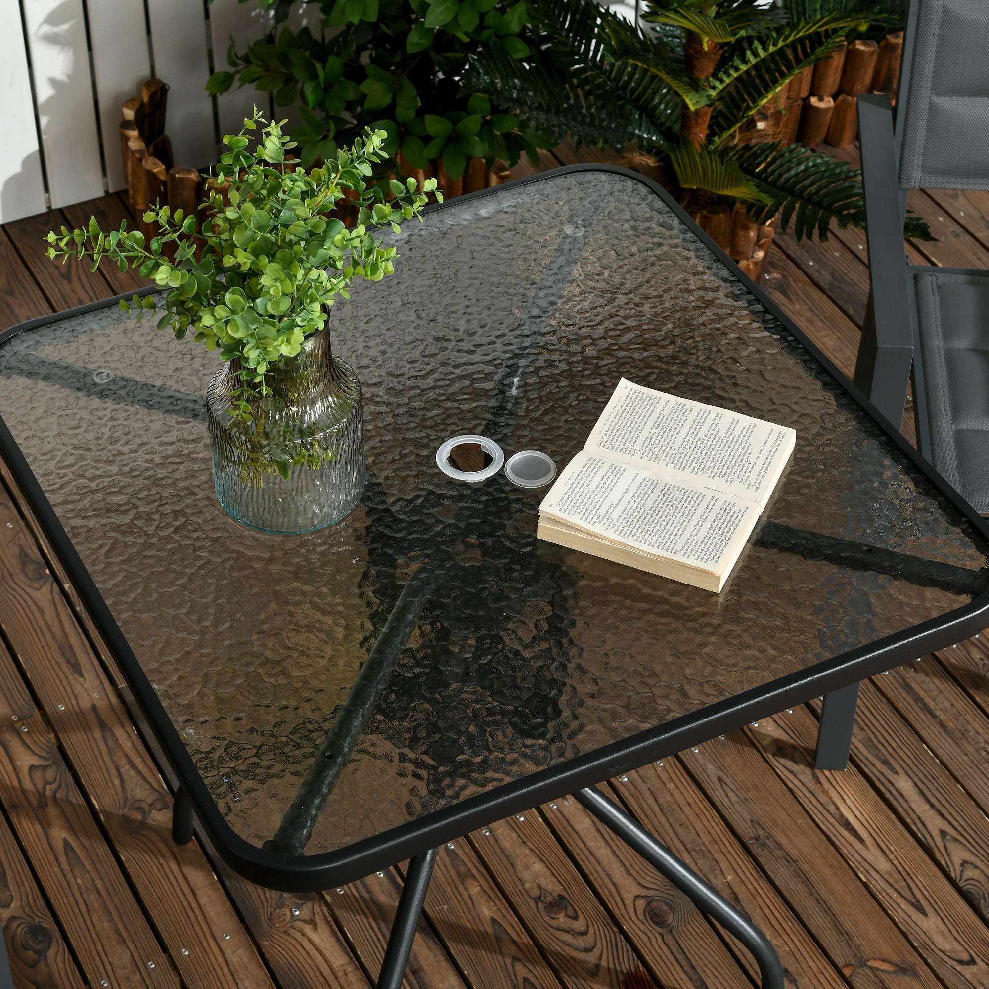 Outsunny Square Outdoor Dining Table - Tempered Glass Top with Umbrella Hole, Perfect for Garden & Balcony, Black 