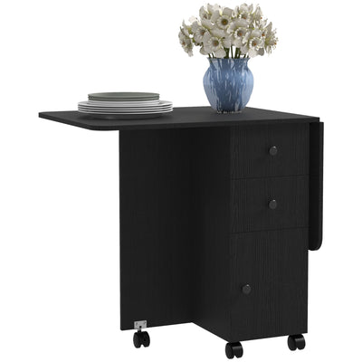 HOMCOM Drop Leaf Dining Table, Mobile Folding Table on Wheels with Drawers and Cabinet for Dining Room, Kitchen, Black 
