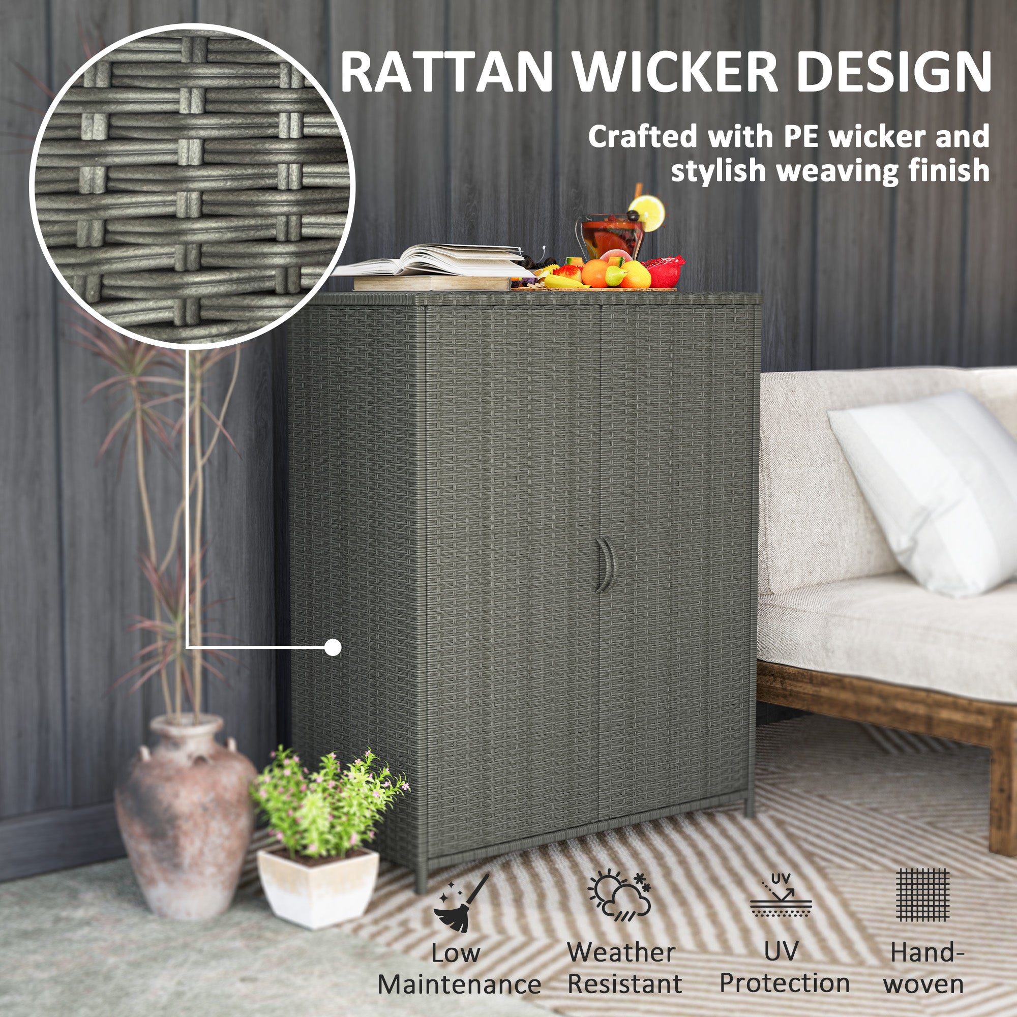 Outsunny Wicker Outdoor Storage Cabinet, Pool Storage Organizer with 4 Shelves and 2 Doors for Garden, Backyard, Dark Grey 