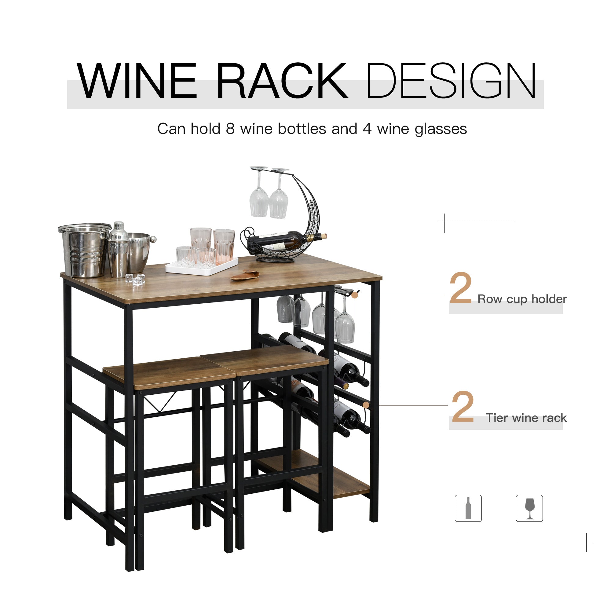 HOMCOM 3 Piece Dining Set Table Chairs Bar Bistro 8-Bottle Wine Rack Cup Holder Metal Frame 
