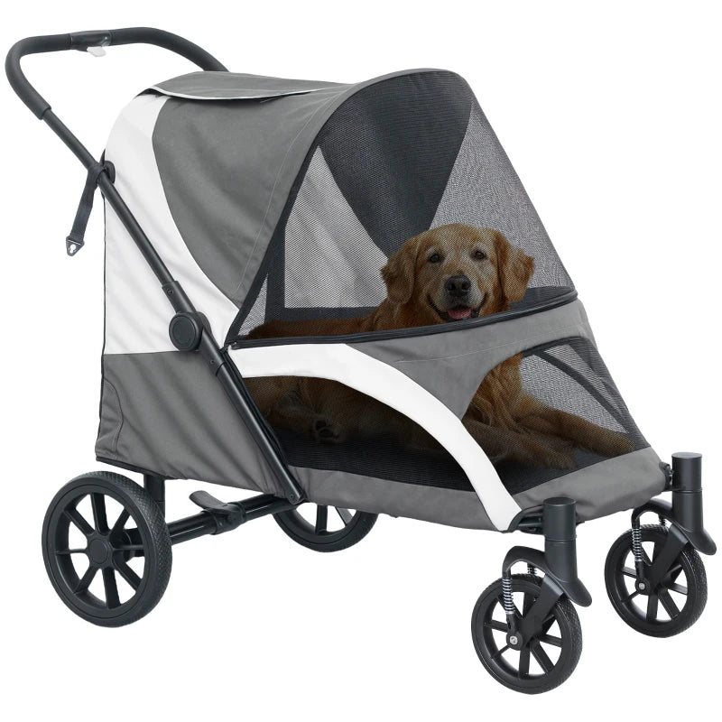 Foldable Pet Stroller for Large Dogs with Four Big Wheels, Shock-Absorbing Frame, Safety Leashes, Brakes, Dark Grey