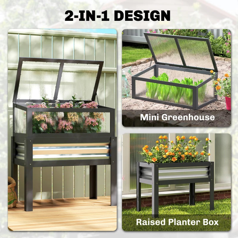 Raised Garden Bed with Flip-Up Greenhouse Top, Wooden Elevated Planter Box with Legs and Liner, Grey