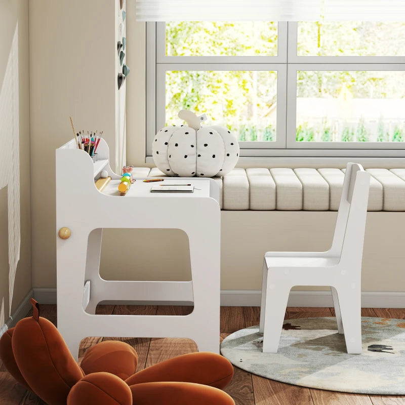 Qaba Kids Study Table and Chair Set, Art Desk and Chair Set with Storage Shelf and Drawers for 3-8 Year Old