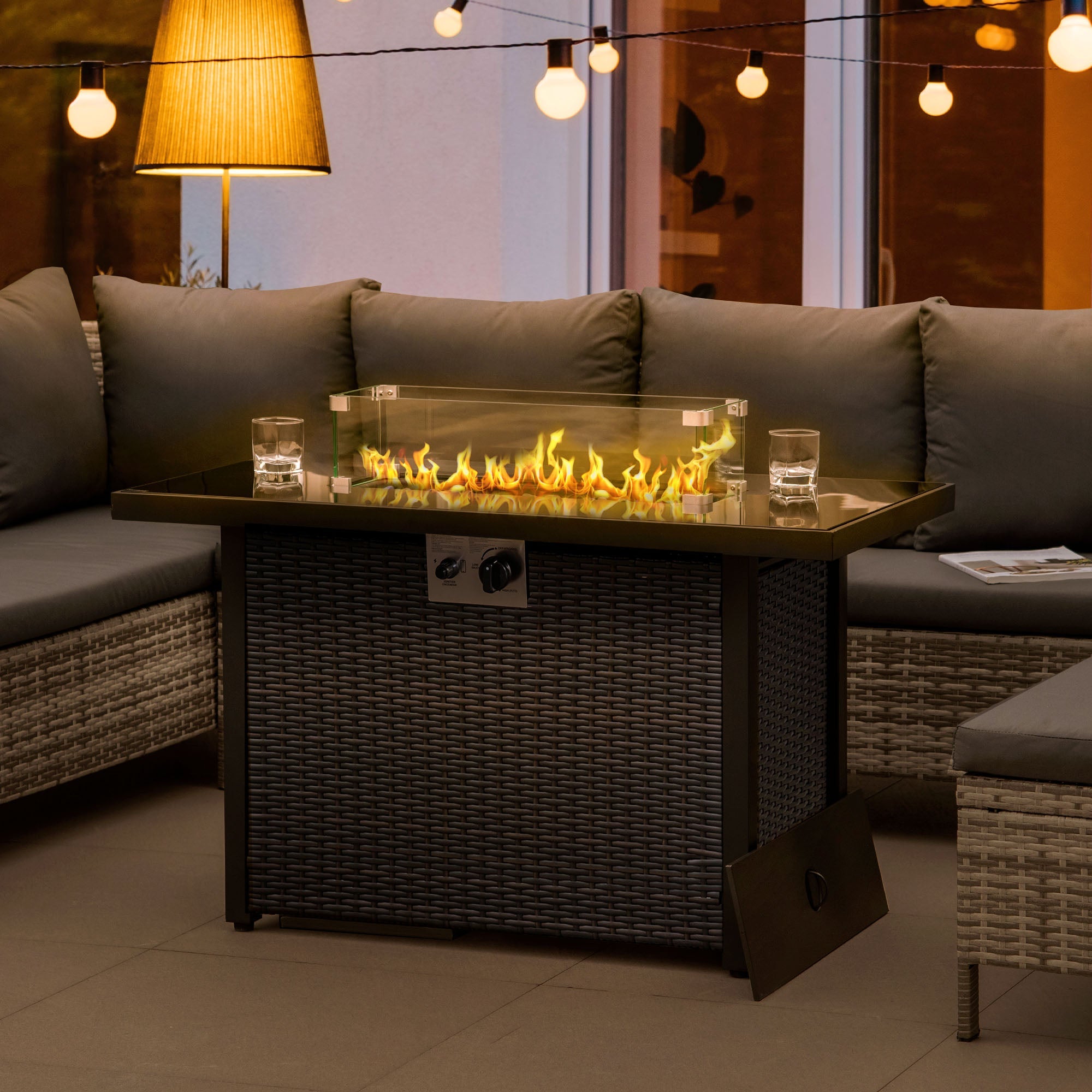 Outsunny Propane Fire Pit Table 43 Inch 50000 BTU Pulse-Ignition Wicker with Glass Wind Guard Blue 