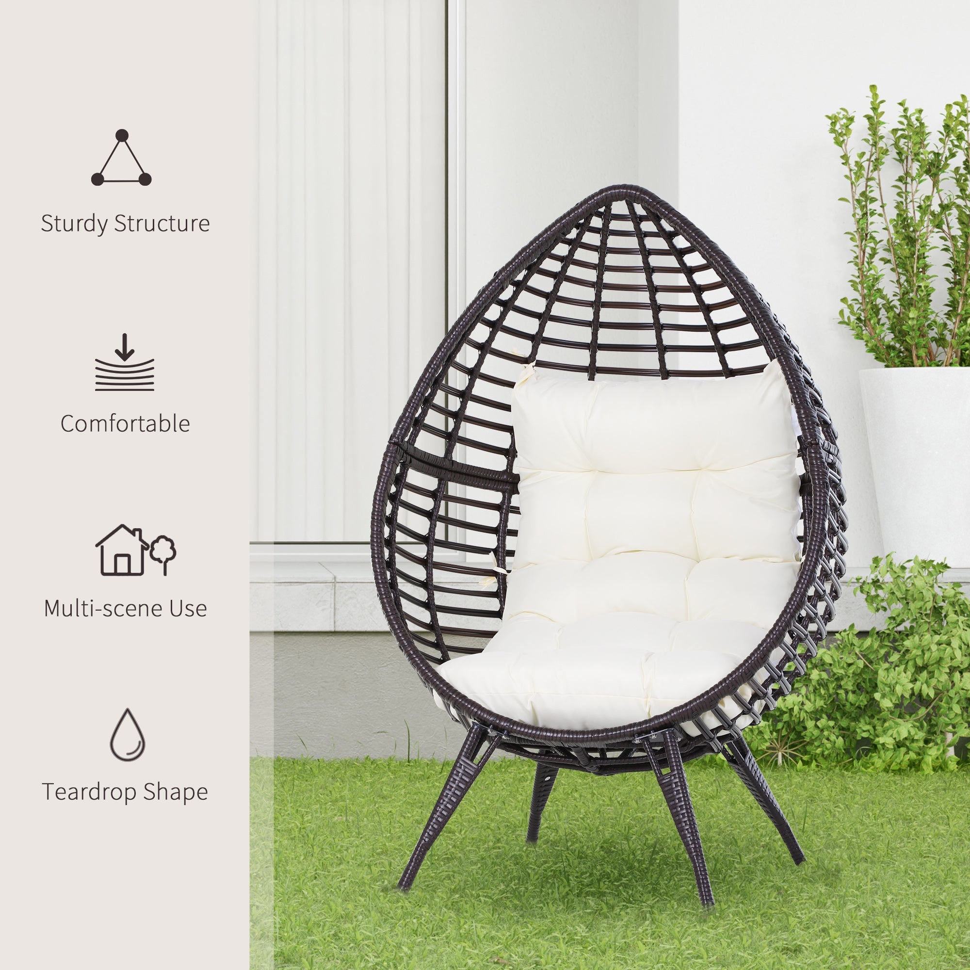 Outsunny Rattan Wicker Egg Chair Lounge Chair with Cushion Outdoor Indoor Adjustable Brown 352lbs Capacity 
