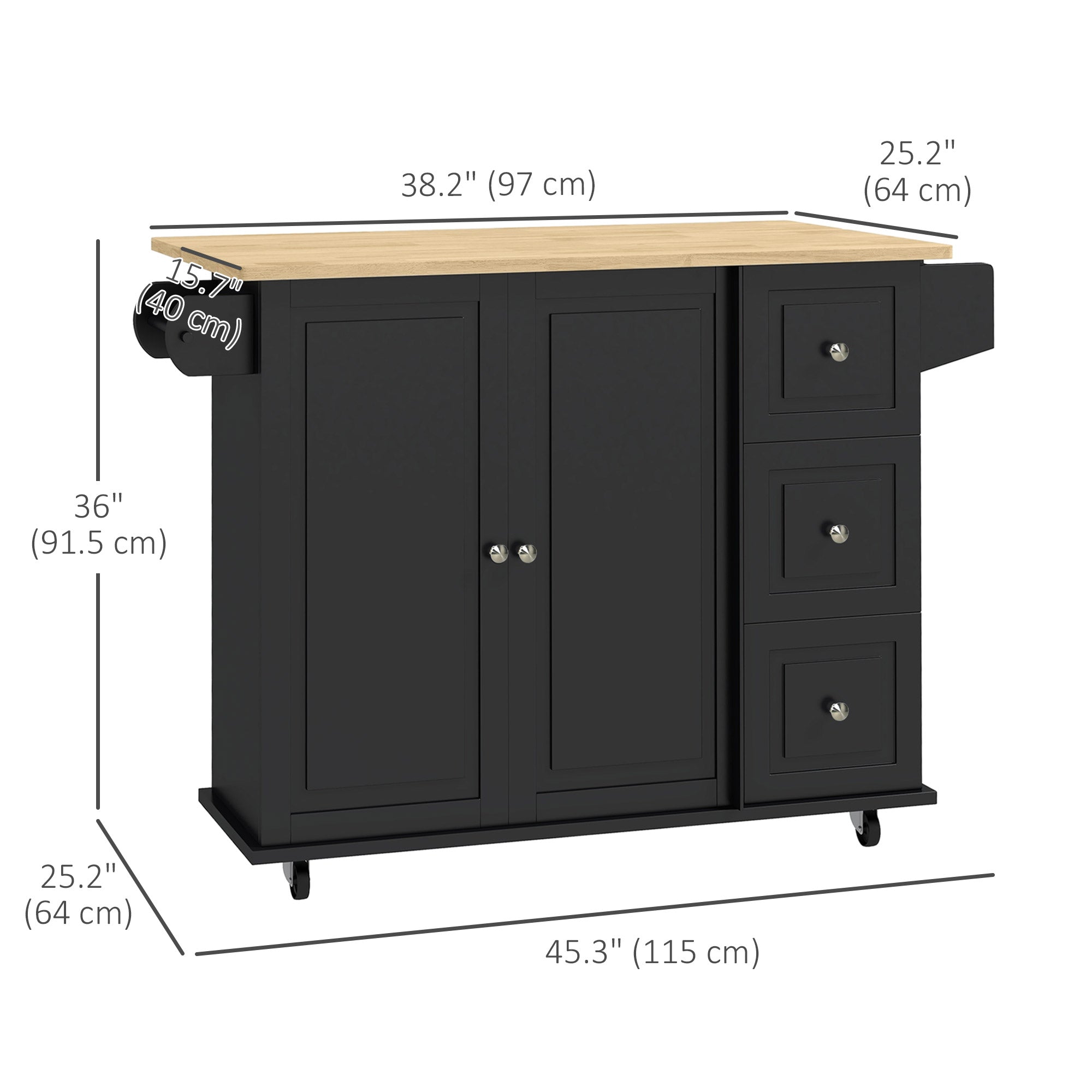 HOMCOM Mobile Kitchen Island: On Wheels, Drop Leaf, Drawers, Natural Wood Top, Storage Cart 