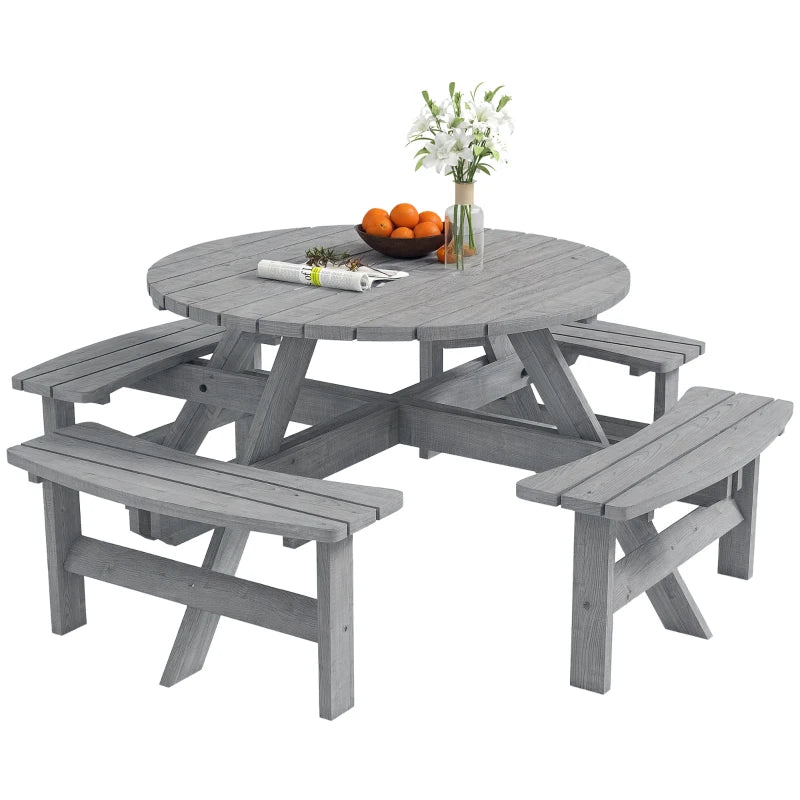 8 Seater Round Wooden Pub Bench & Picnic Table, Patio Dining Set for Outdoor Patio (Umbrella Not Included)